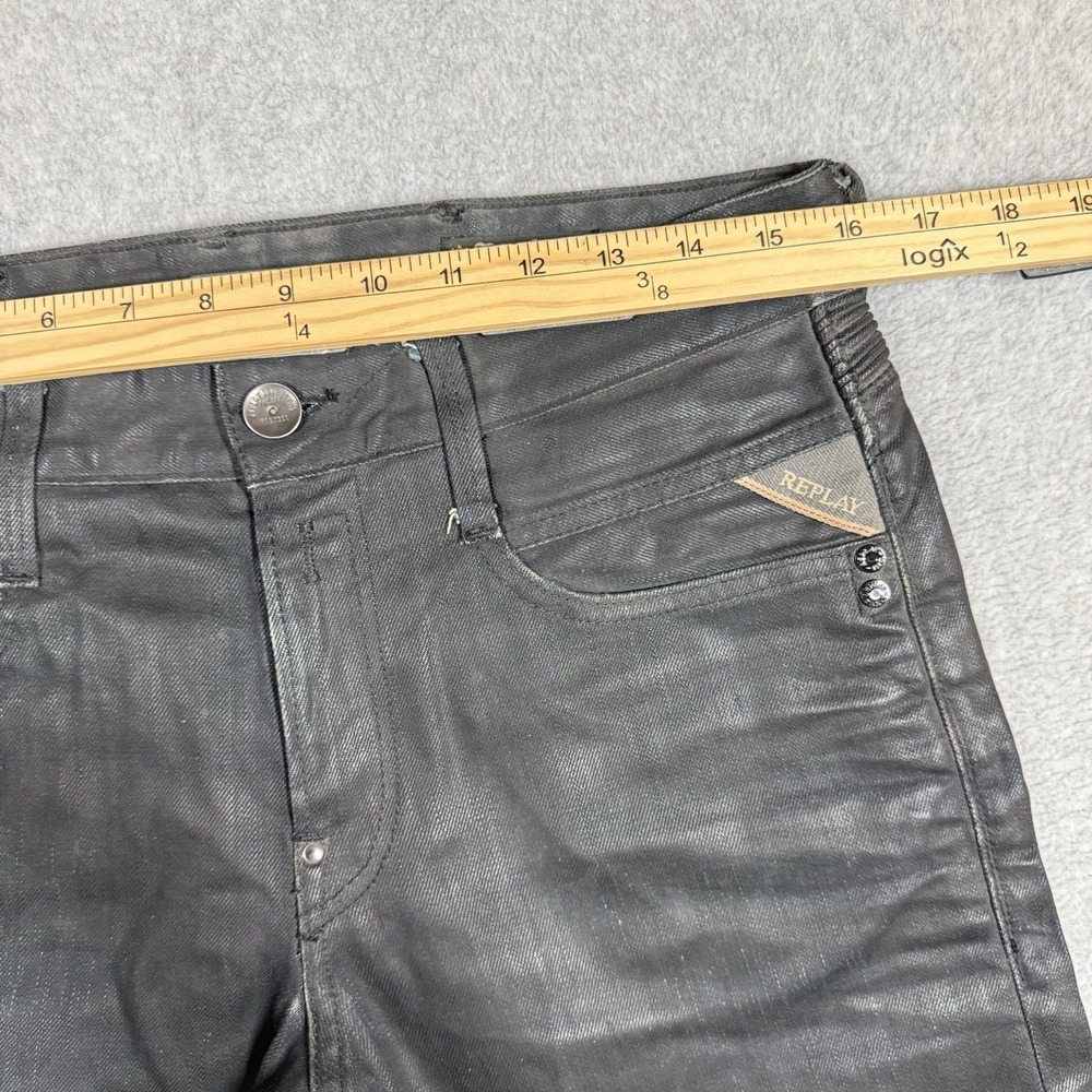 REPLAY Jeans Mens 29x34 Black WAXED Tunky Straight Leg Loose Fit Moto Biker EUC - Picture 11 of 15